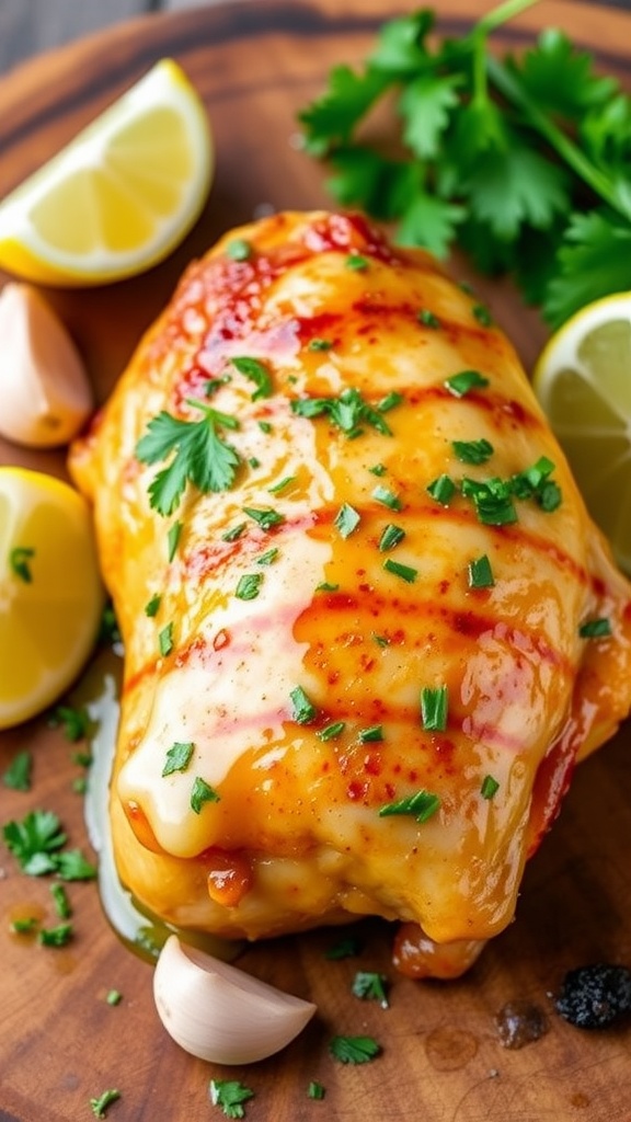 Garlic butter chicken thighs garnished with parsley and lemon wedges on a wooden platter.